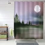 Mist Forest Near a Lake Under Full Moon and Starry Night Scenery Shower Curtain - Purple Grey