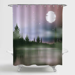 Mist Forest Near a Lake Under Full Moon and Starry Night Scenery Shower Curtain - Purple Grey