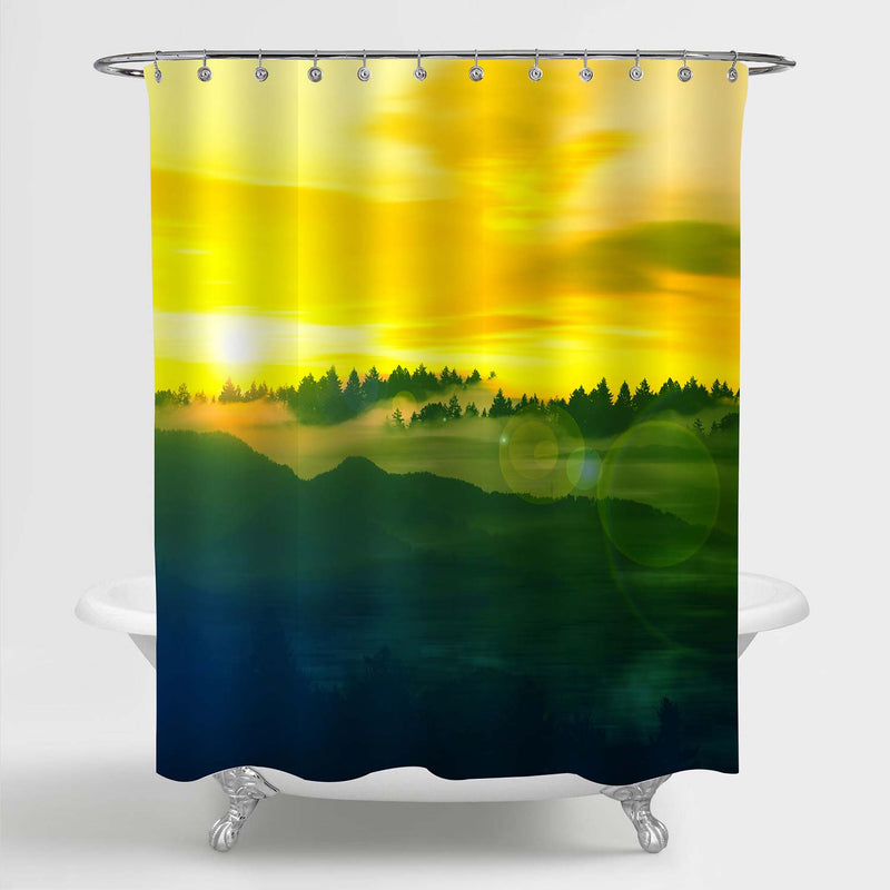 Mountain Forest Scenery with Warm Summer Haze Shower Curtain - Gold Green
