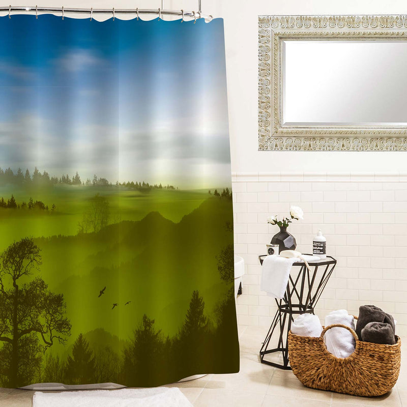 Mountain Forest in Clouds Shower Curtain - Green Blue