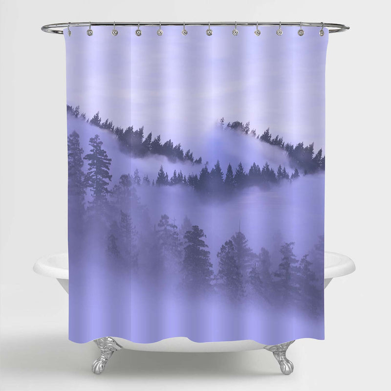 Panoramic View of Mountains in Misty Forest Shower Curtain - Purple