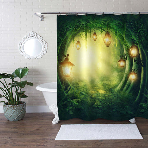 Path Road in a Magic Dark Forest Kids Bathroom Shower Curtain, Fairy Tale Woodland with Lanterns Digital Illustration Artwork, Waterproof Washable, Green Gold, 72 by 78 inches Long