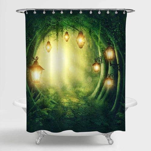 Path Road in a Magic Dark Forest Kids Bathroom Shower Curtain, Fairy Tale Woodland with Lanterns Digital Illustration Artwork, Waterproof Washable, Green Gold, 72 by 72 inches Standard