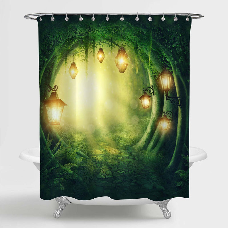 Path Road in a Magic Dark Forest Kids Bathroom Shower Curtain, Fairy Tale Woodland with Lanterns Digital Illustration Artwork, Waterproof Washable, Green Gold, 72 by 72 inches Standard