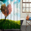 Romantic Green Field with Heart Shape Tree Under Blue Sky Shower Curtain - Green Red