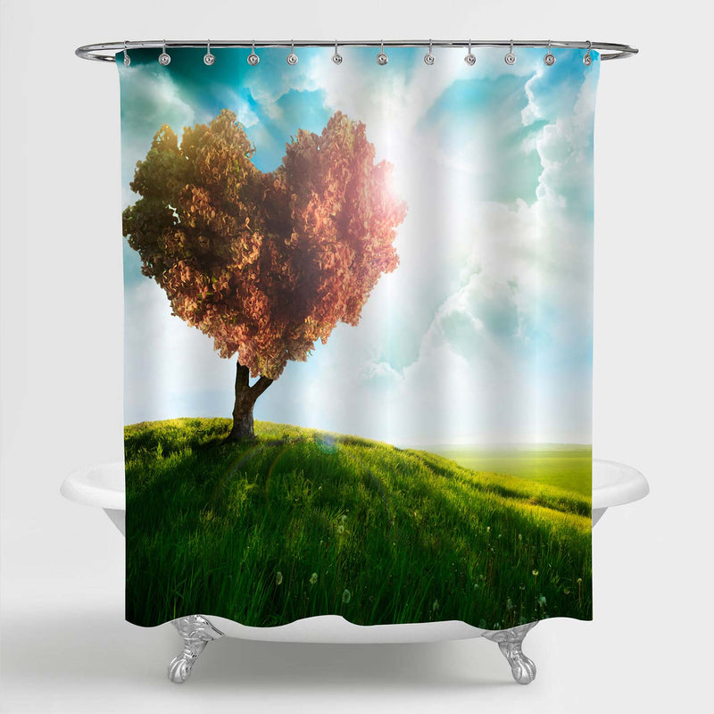 Romantic Green Field with Heart Shape Tree Under Blue Sky Shower Curtain - Green Red