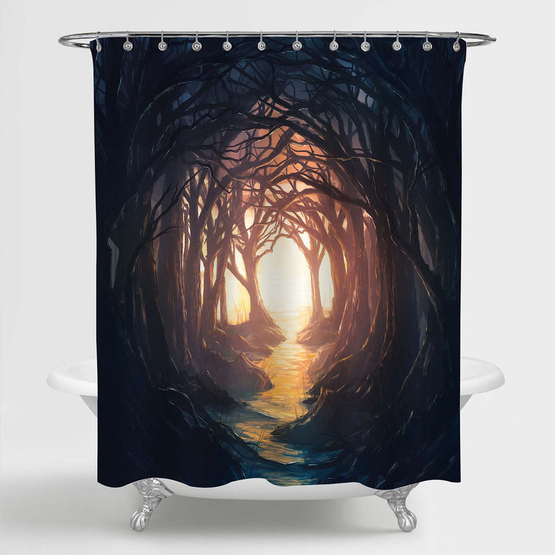 Dark Forest Pathway Leading to a Colorful and Bright Opening Shower Curtain - Brown