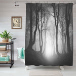 Sunken Lane Through Haunted Forest of Spooky Gnarled Beech Trees in Thick Fog Shower Curtain - Grey