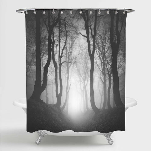 Sunken Lane Through Haunted Forest of Spooky Gnarled Beech Trees in Thick Fog Shower Curtain - Grey