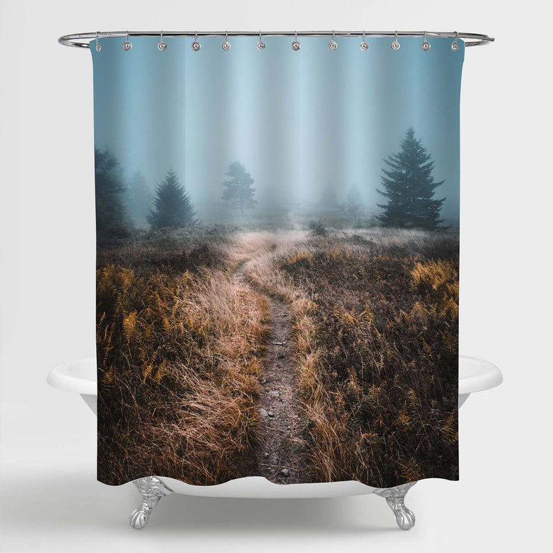 Frozen Meadow in Cold Autumn Morning Shower Curtain - Brown Blue