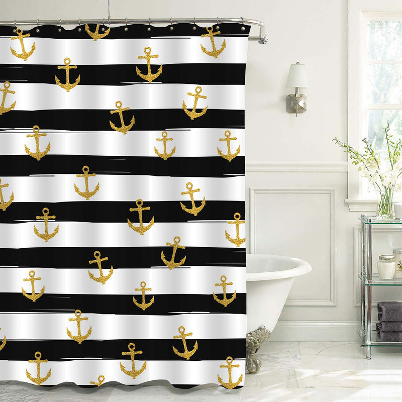 Gold Glitter Anchor on Black White Striped Shower Curtain