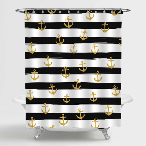 Gold Glitter Anchor on Black White Striped Shower Curtain
