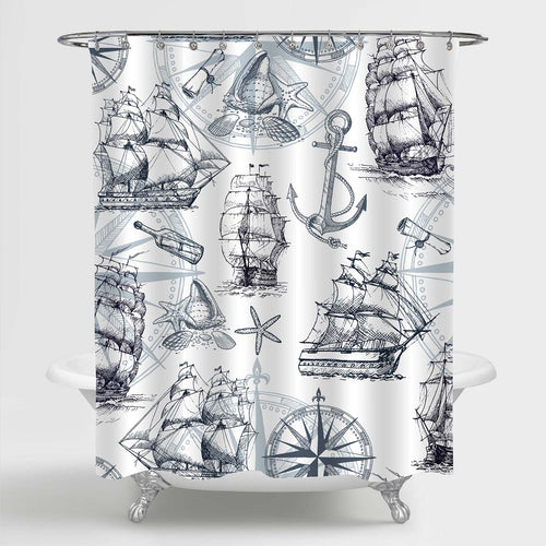 Navy Marine Pattern Nautical Shower Curtain - Grey