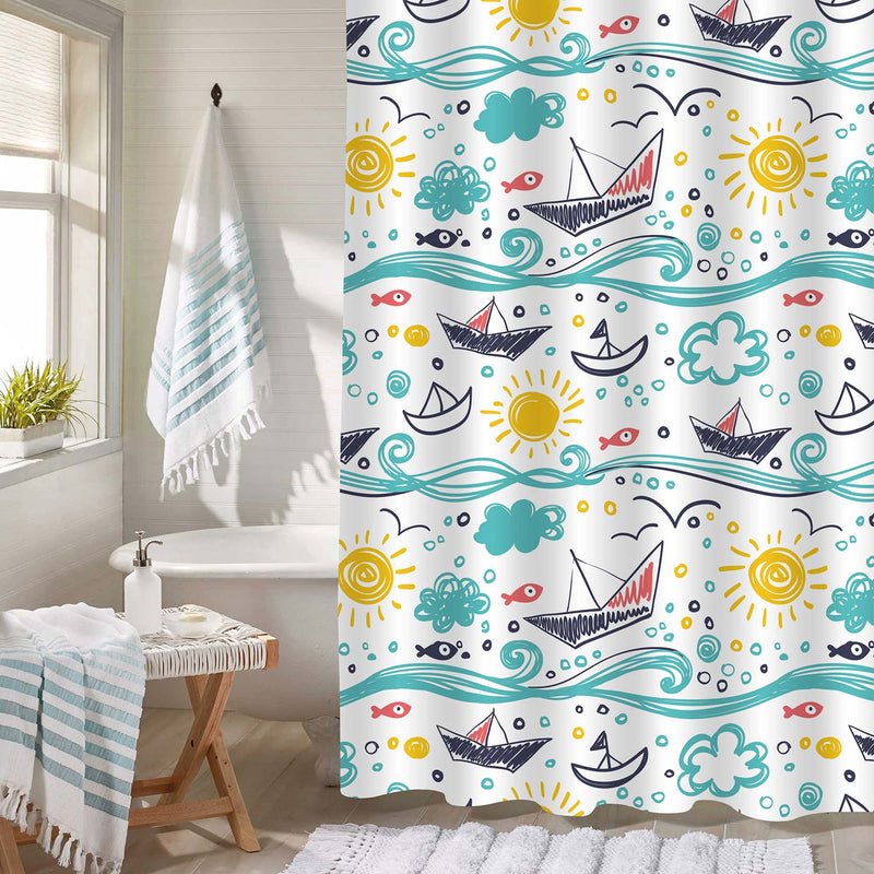 Hand Drawn Colorful Ocean Themed Decorative Shower Curtain with Ships Sun Sea and Fishes, Adorable Bathroom Accessories for Children Summer Home Decor, Cloth, Green White Gold, 50 x 78