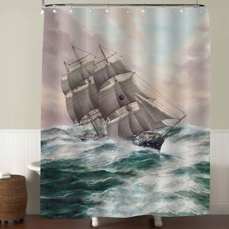 Ancient Sailing Vessel in Stormy Sea Shower Curtain - Green Brown