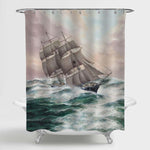 Ancient Sailing Vessel in Stormy Sea Shower Curtain - Green Brown