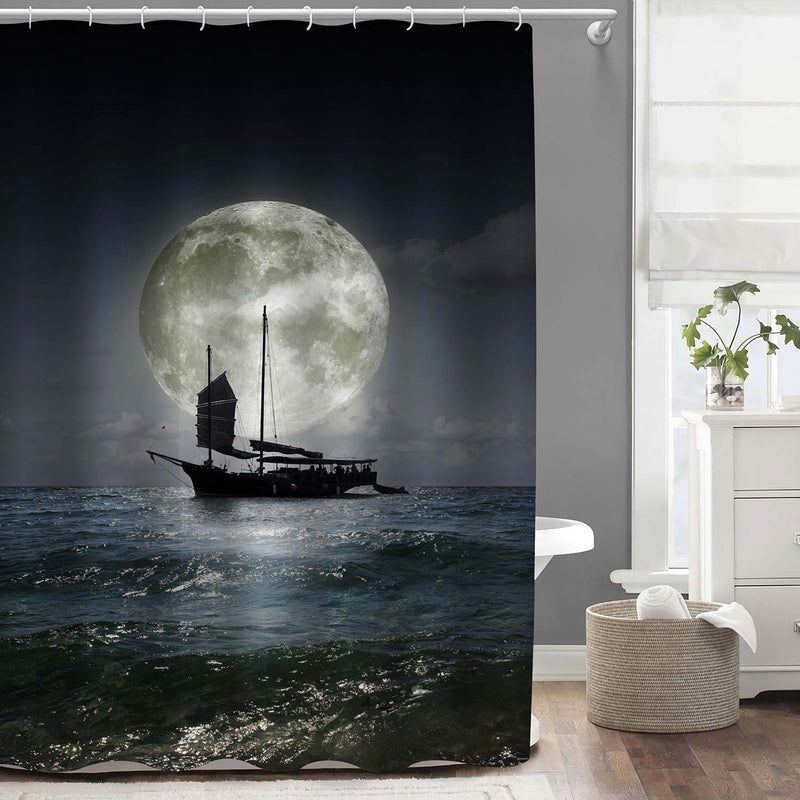 Lonely Sailboat on the Sea at Night with Full Moon Shower Curtain - Dark Blue
