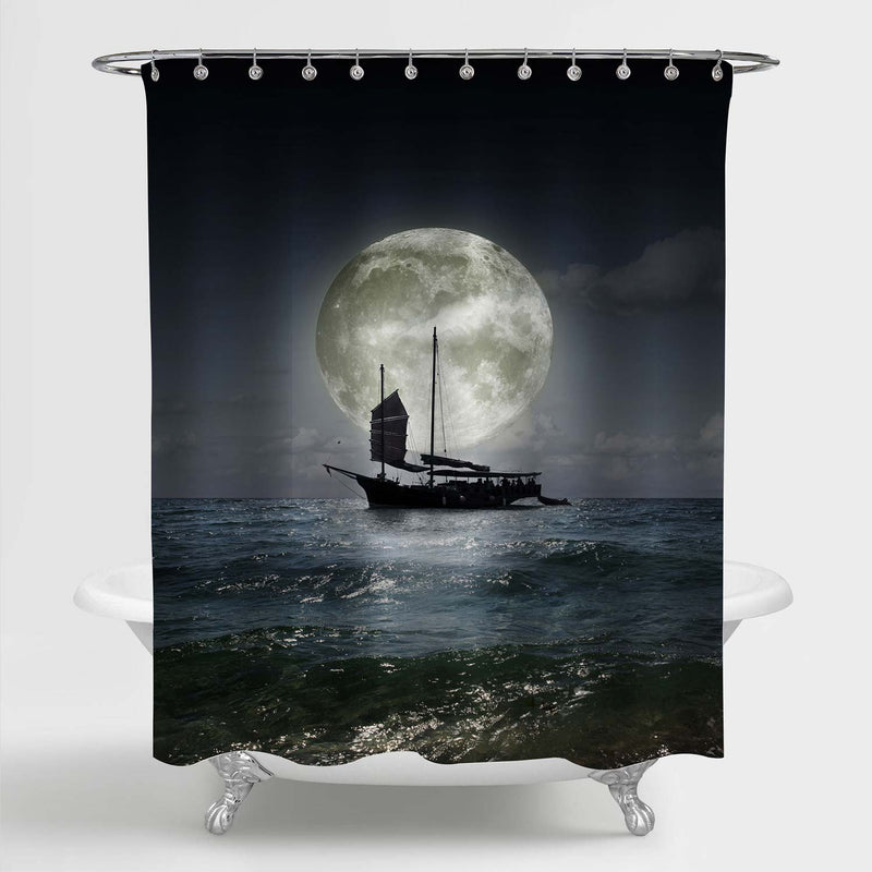 Lonely Sailboat on the Sea at Night with Full Moon Shower Curtain - Dark Blue