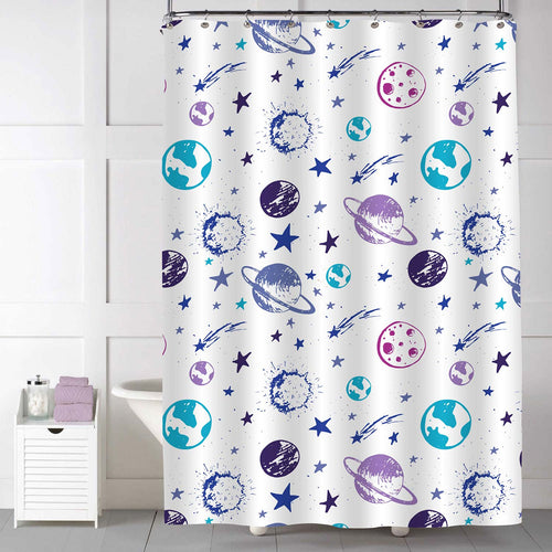 Hand Drawn Planets Stars Moon and Sun Shower Curtain - Multicolor