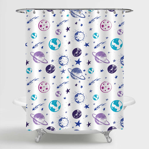 Hand Drawn Planets Stars Moon and Sun Shower Curtain - Multicolor