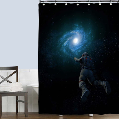 Astronaut Exploring Whirlpool Galaxy Shower Curtain - Blue