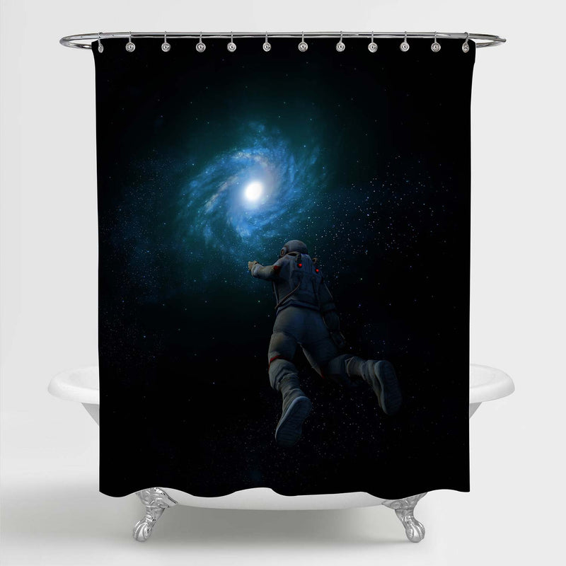 Astronaut Exploring Whirlpool Galaxy Shower Curtain - Blue