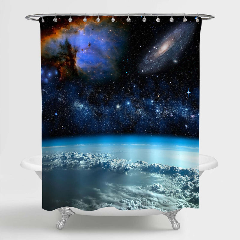 Space Scenery of Earth and Galaxy Shower Curtain - Blue