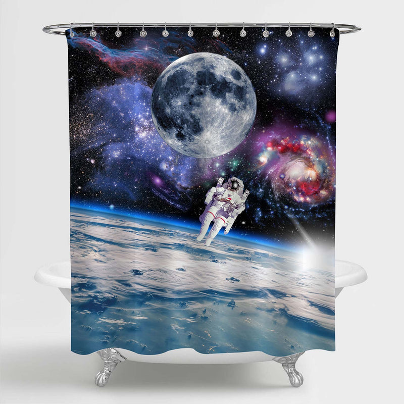 Astronaut is Blowing on the Space Shower Curtain - Blue Purple
