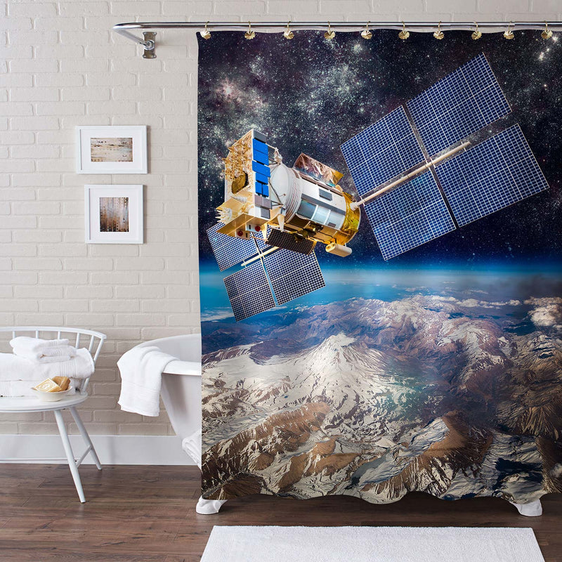 Man-made Space Satellite Orbiting the Earth Shower Curtain - Blue Brown