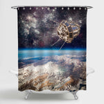 Space Satellite Orbiting the Earth Shower Curtain - Blue Brown