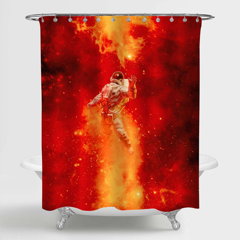 Astronaut Floating in Space Amid Glowing Fiery Galaxies Shower Curtain - Red