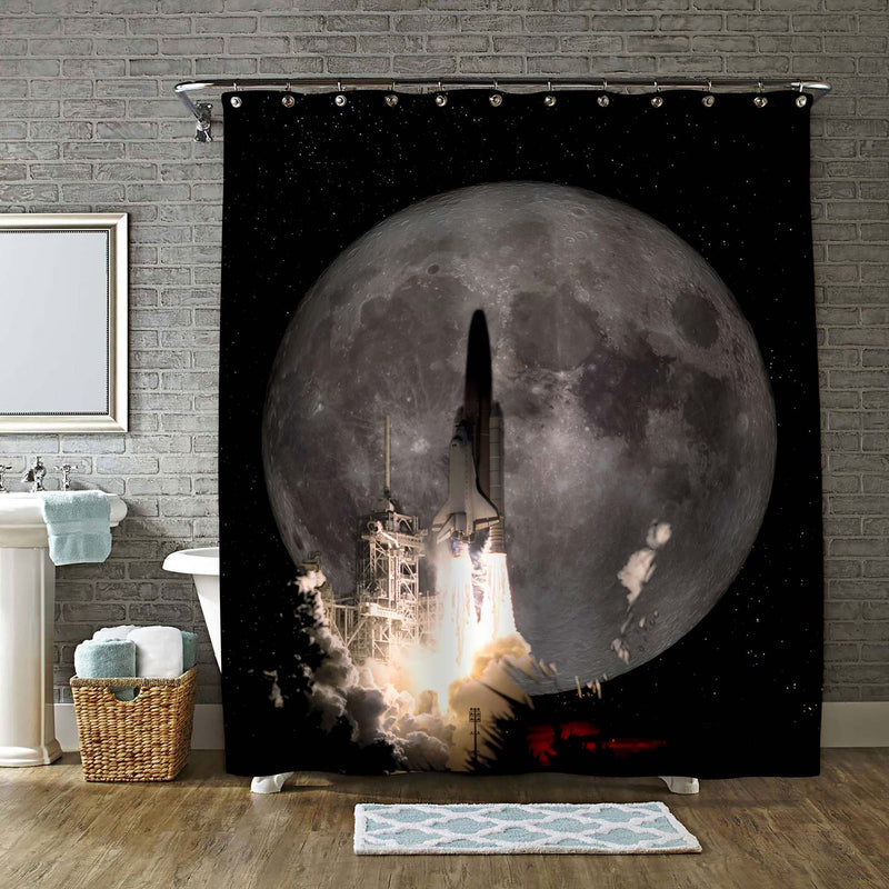 Spaceship Taking Off on a Mission to the Full Moon Shower Curtain - Grey Black