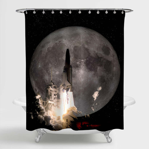 Spaceship Taking Off on a Mission to the Full Moon Shower Curtain - Grey Black