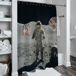 Spaceman Walks on the Moon Surface with American Flag Shower Curtain - Grey