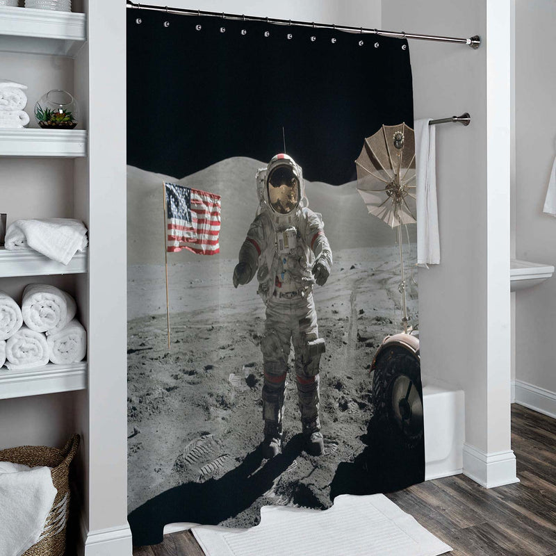 Spaceman Walks on the Moon Surface with American Flag Shower Curtain - Grey