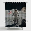 Spaceman Walks on the Moon Surface with American Flag Shower Curtain - Grey