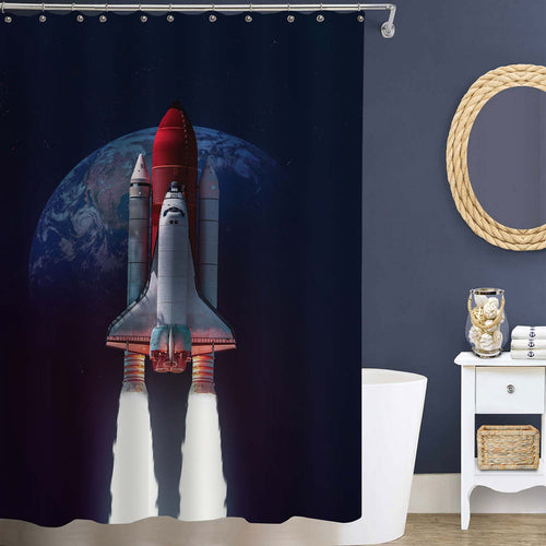 Space Ship Taks Off Shower Curtain - Dark Blue