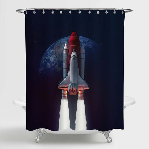 Space Ship Taks Off Shower Curtain - Dark Blue