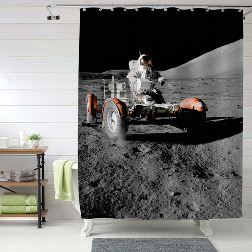 NASA Astronaut Driving Lunar Landing Rover on Moon Shower Curtain - Grey