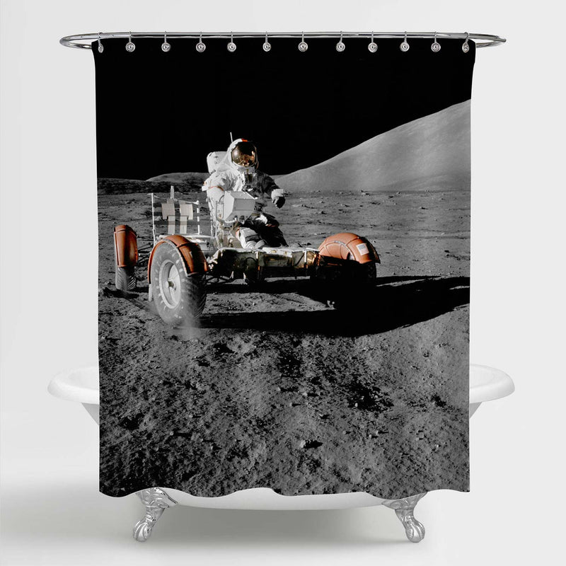 NASA Astronaut Driving Lunar Landing Rover on Moon Shower Curtain - Grey