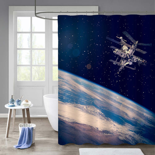 Space Station above the Earth Shower Curtain - Blue