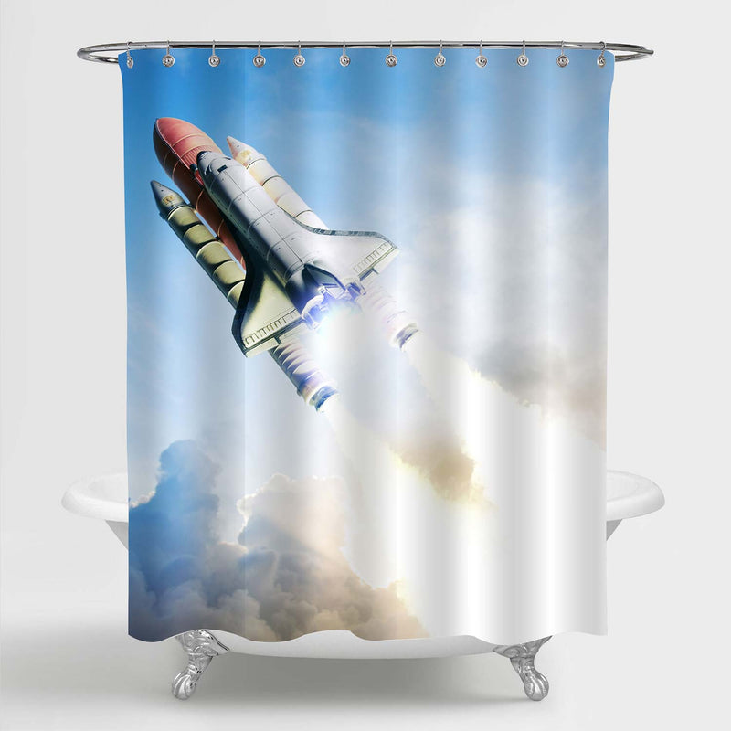 Rocket and Space Shuttle Taking Off on a Mission Shower Curtain - Blue