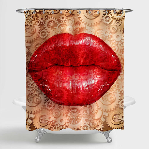 Women Lips with Gears and Cog Wheels Shower Curtain - Red Gold