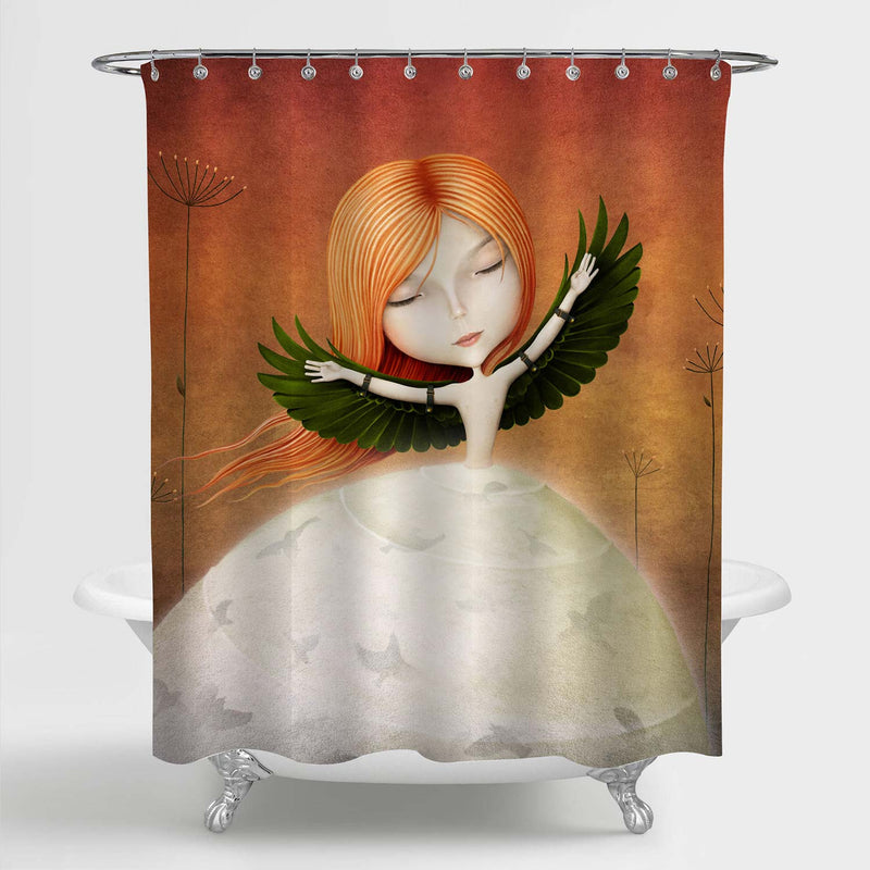 Girl with Wings and Birds Shower Curtain - Orange White