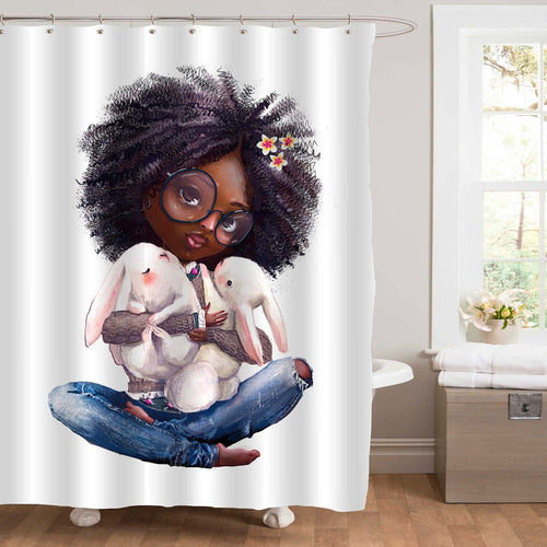 Afro Girl with Little Hares Shower Curtain