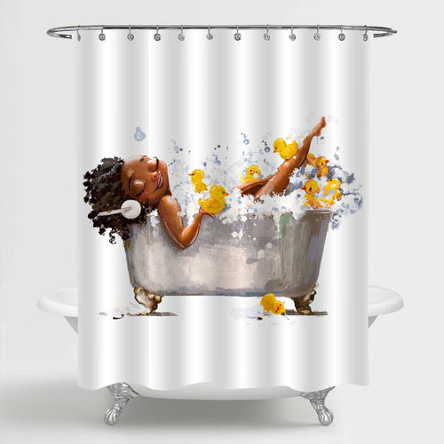 African Woman in Bath with Plastic Yellow Duck Toys Shower Curtain