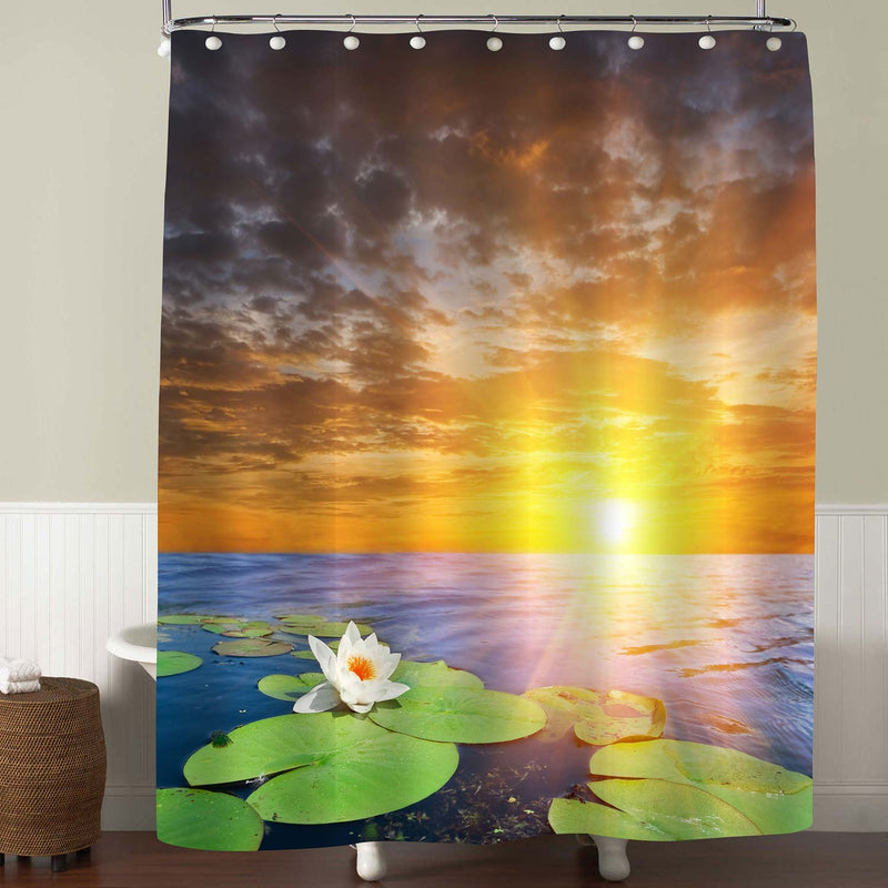 Water Lily in a Pond by a Sunset Shower Curtain - Gold Green