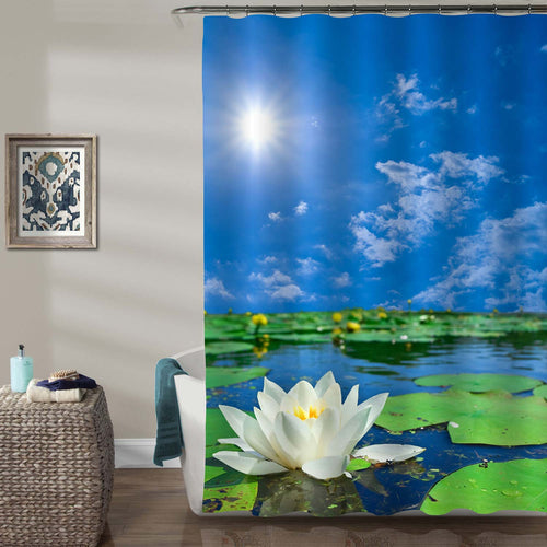 Oriental Garden Lotus Floral Shower Curtain - Green Blue