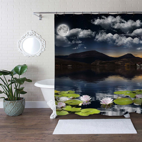 Night View of the Water Lily Flowers at Pond Shower Curtain - Blue Green