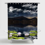 Night View of the Water Lily Flowers at Pond Shower Curtain - Blue Green